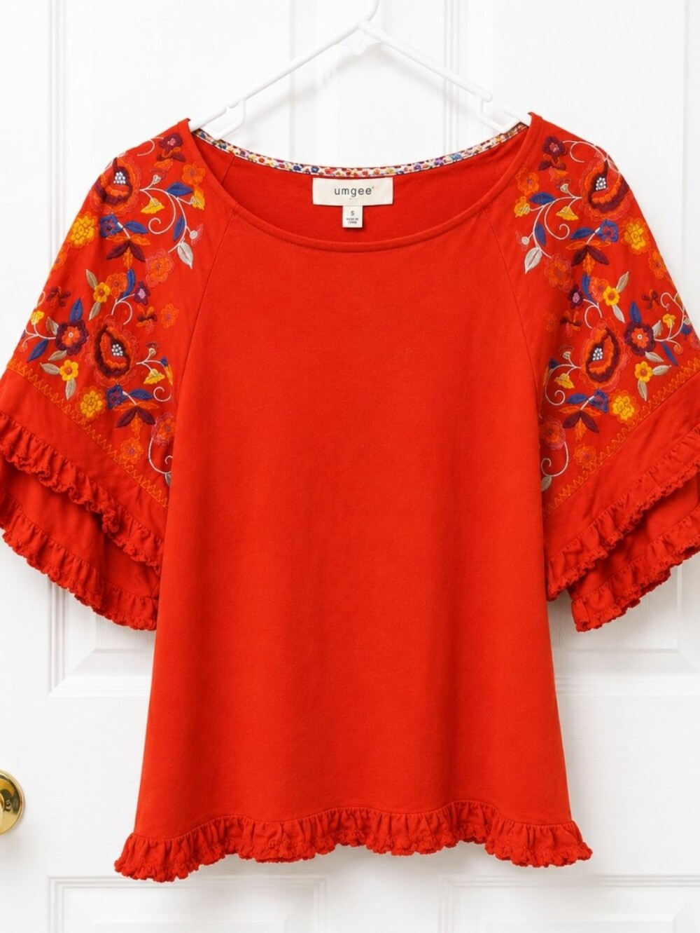 Umgee Tomato Red Linen Cotton Blend Boho Embroidered Fringe Blouse Sz Sm